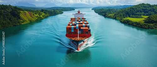 A large cargo ship travels through a serene waterway, surrounded by lush green hills and a clear blue sky. photo