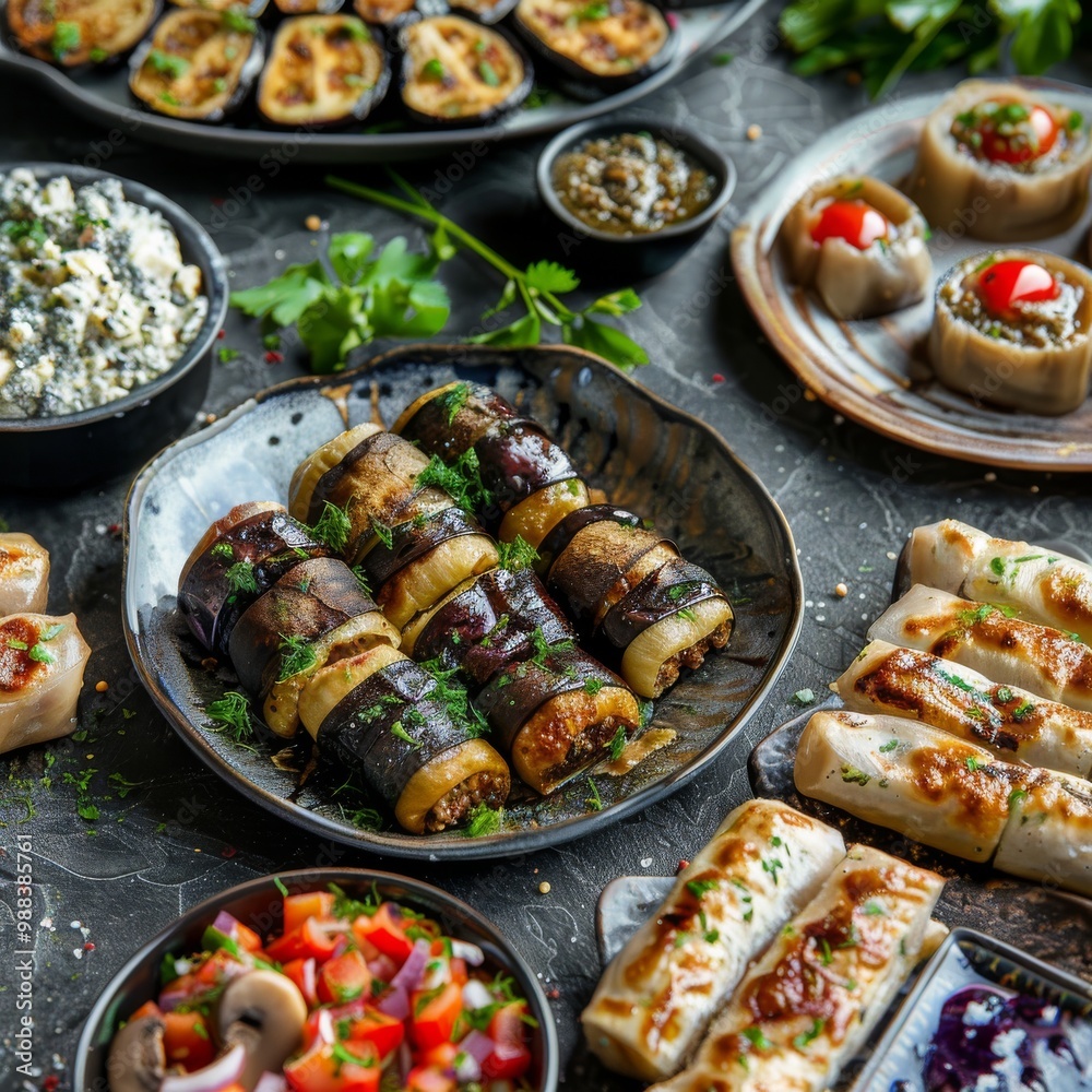 Appetizers Set with Baked Eggplants, Champignon Caps, Aubergine Rolls and Traditional Georgian Pkhali Appetizers Set with Baked Eggplants, Champignon Caps, Aubergine Rolls and Traditional Georgian Pkhali