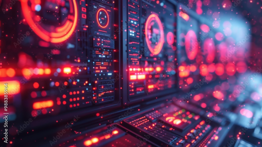 Obraz premium Craft a neon display of system administration symbols, featuring illuminated
