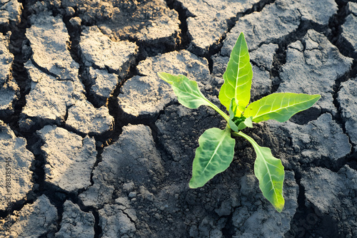  Plant growing in cracked soil, drought resilience, climate change impact, dry land farming, soil conservation, water scarcity, sustainable agriculture, environment, adaptation, eco-friendly farming photo