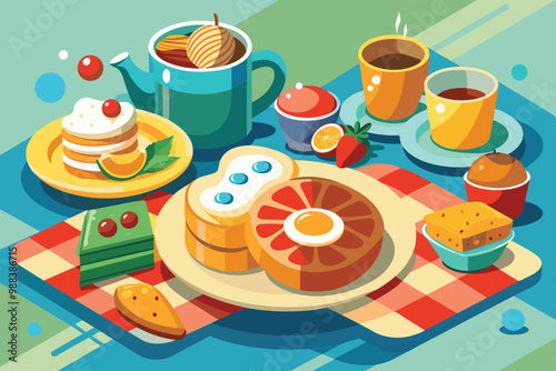 A colorful breakfast display includes pancakes, cakes, fruits, and drinks arranged on a picnic-style tablecloth, radiating a cheerful morning vibe.