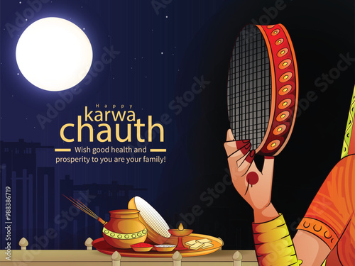 creative happy karwa chauth festival celebration banner illustration with beautiful decorative hand lettring ,moon and puja thali. 
