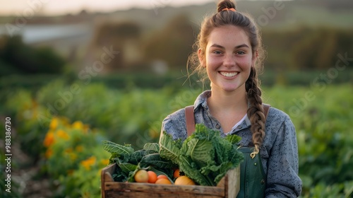 Young female farmer with a bright smile, holding a crate of freshly harvested produce. photo