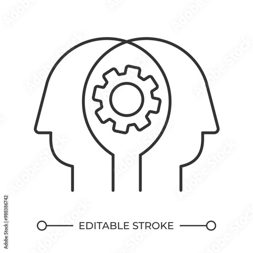 Collaboration linear icon. Teamwork concept. Problem solving. Two human heads and gear icon. Share knowledge. Thin line illustration. Contour symbol. Vector outline drawing. Editable stroke
