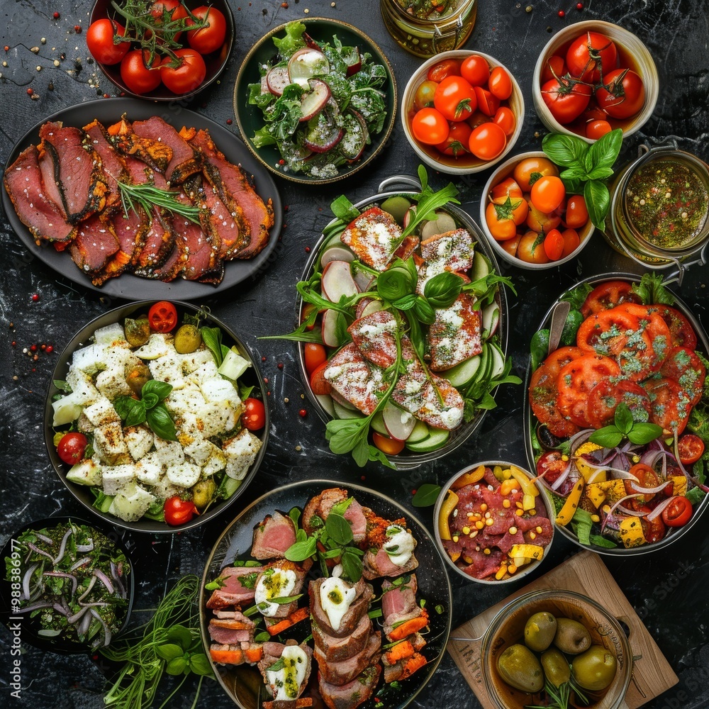 Spicy Salads Set, Salat Collection with Beef Meat and Vegetables Salats Top View, Restaurant Buffet Menu Spicy Salads Set, Salat Collection with Beef Meat and Vegetables Salats Top View, Restaurant Buffet Menu