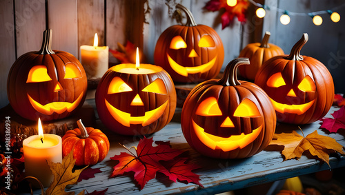 Rustic Charm Meets Spooky Halloween Pumpkins. Glowing Faces of Halloween on a Wooden Table photo