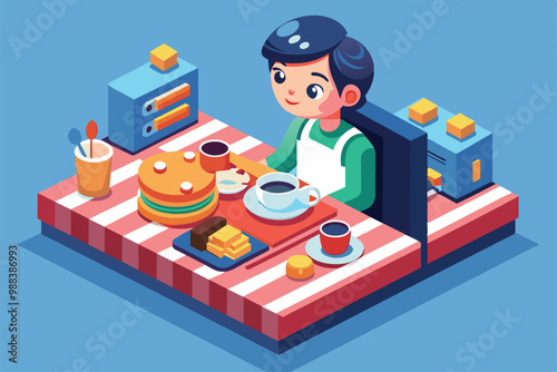 A cheerful person sits at a vibrant kitchen table, enjoying a customizable breakfast with varied foods and drinks in a cozy setting.