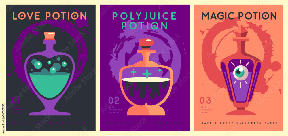 Set of Halloween flat posters with magic potions or drinks. Halloween spooky background. Vector illustration Set of Halloween flat posters with magic potions or drinks. Halloween spooky background. Vector illustration