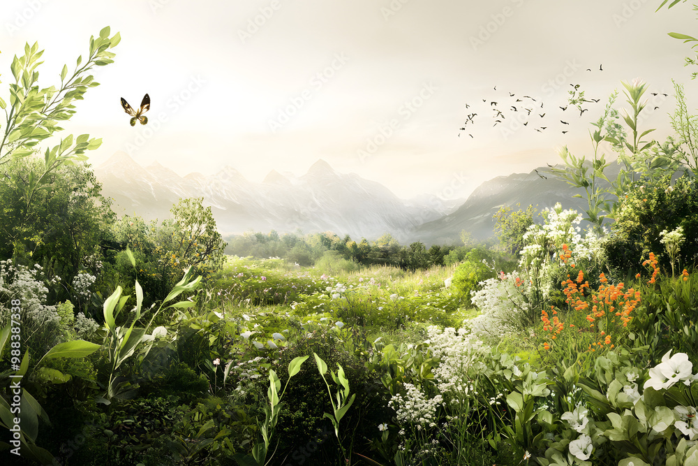 Naklejka premium Beautiful nature landscape with lush greenery, wildflowers, and mountains in the background, ideal for peaceful, calming, and relaxing nature videos, perfect for meditation and stress relief.