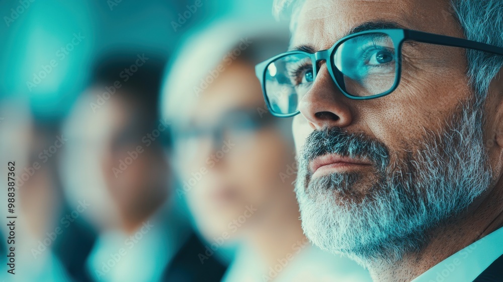 Focus on mature man with glasses in a professional meeting environment. Focus on mature man with glasses in a professional meeting environment.