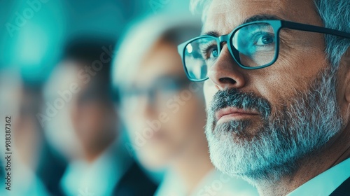 Focus on mature man with glasses in a professional meeting environment.