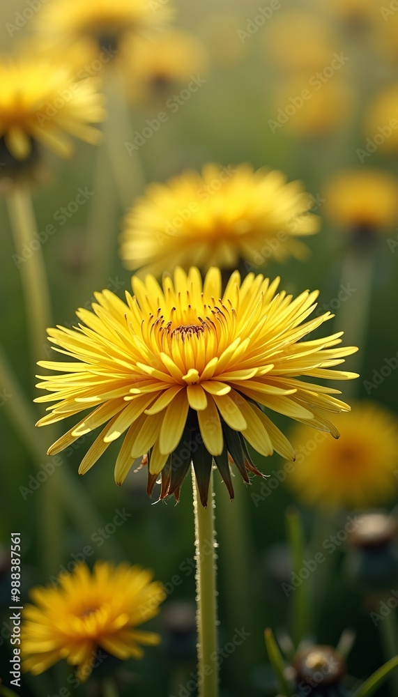 Fototapeta premium Golden Yellow Dandelion Flowers Radiating Warmth and Joy in Sunlit Field Phone Wallpaper