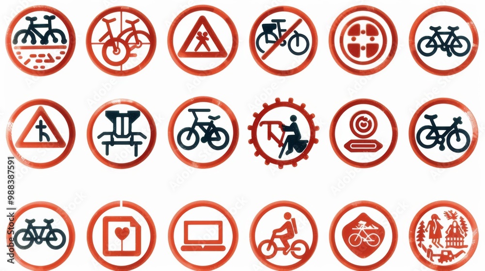 Depict a collection of bicycle route symbols, including bike lane Depict a collection of bicycle route symbols, including bike lane