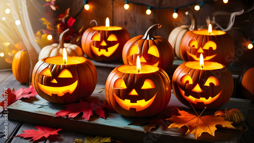 Rustic Charm Meets Spooky Halloween Pumpkins. Glowing Faces of Halloween on a Wooden Table photo