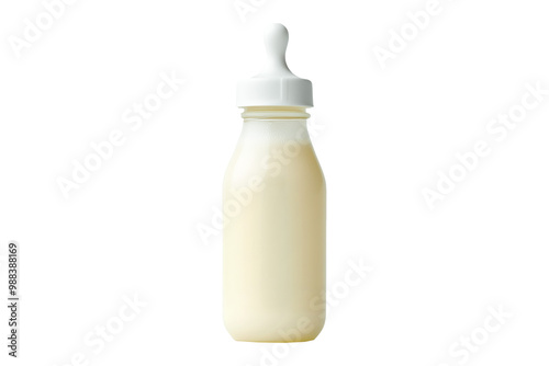 Baby bottle filled with milk with nipple isolated on white background. Concept of baby feeding and nutrition