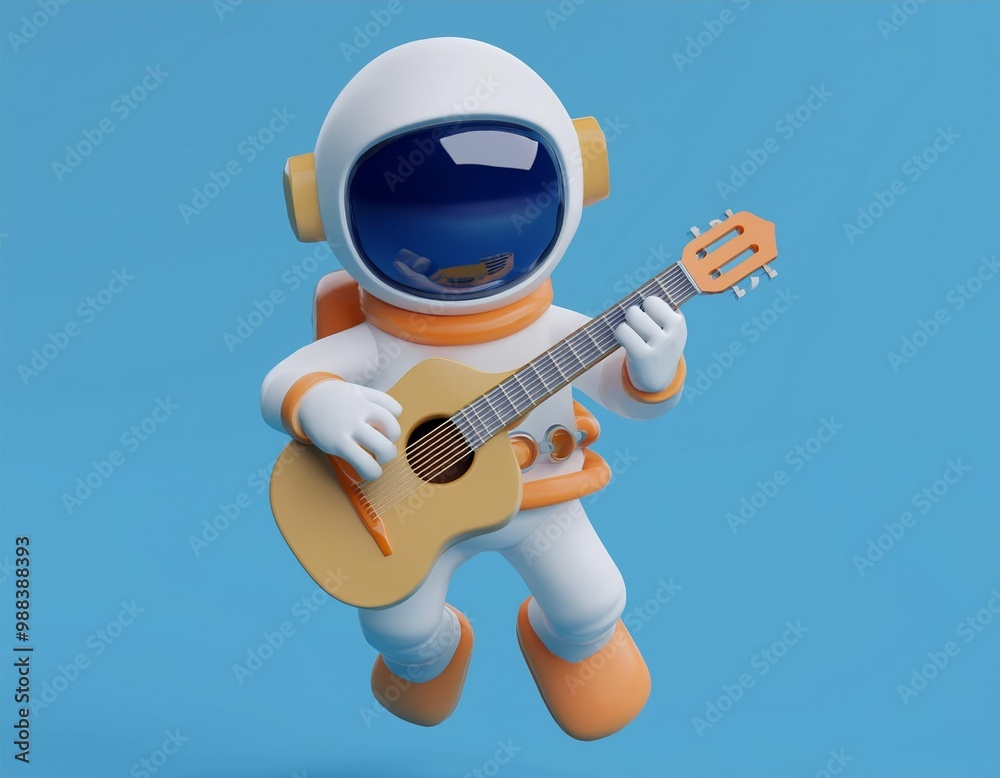 An astronaut plays an acoustic guitar while floating in space, 3D illustration An astronaut plays an acoustic guitar while floating in space, 3D illustration