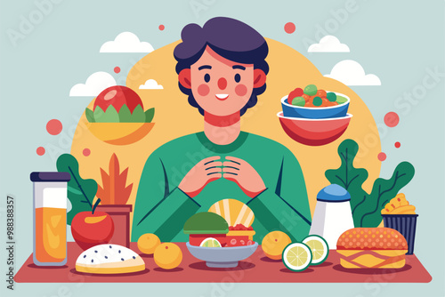 A person sits at a table surrounded by various delicious foods, including fruits, salads, and beverages, ready to enjoy a customizable meal.