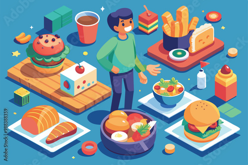 A person stands surrounded by an array of customizable foods, including salads, burgers, and desserts, during a lively mealtime atmosphere.