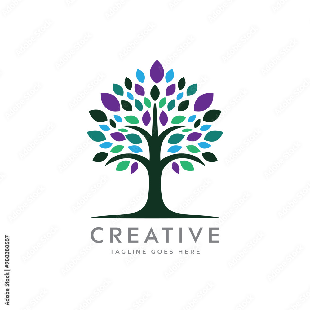 Obraz premium Creative artistic tree logo concept. eco friendly tree logo. Colorful leaf tree logo. minimalist tree vector icon logo
