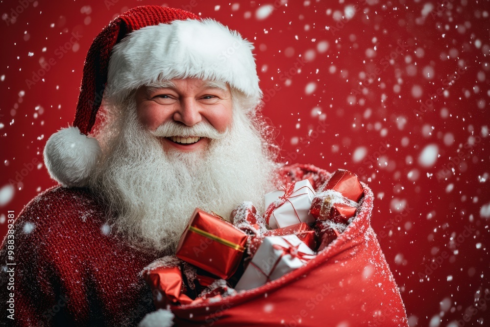 Santa, standing in snowfall with a bag of gifts and a red backdrop, exudes holiday magic and warmth, perfect for festive celebrations. Santa, standing in snowfall with a bag of gifts and a red backdrop, exudes holiday magic and warmth, perfect for festive celebrations.