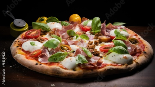 Delicious Pizza with Prosciutto, Mozzarella, and Basil photo