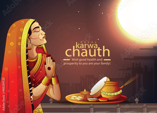 creative happy karwa chauth festival celebration banner illustration with beautiful decorative hand lettring ,moon and puja thali. 
