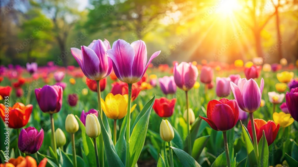 Tulips rise from the earth, bursting with vibrant color, amidst a peaceful, green meadow, bathed in soft, diffused light. Tulips rise from the earth, bursting with vibrant color, amidst a peaceful, green meadow, bathed in soft, diffused light.