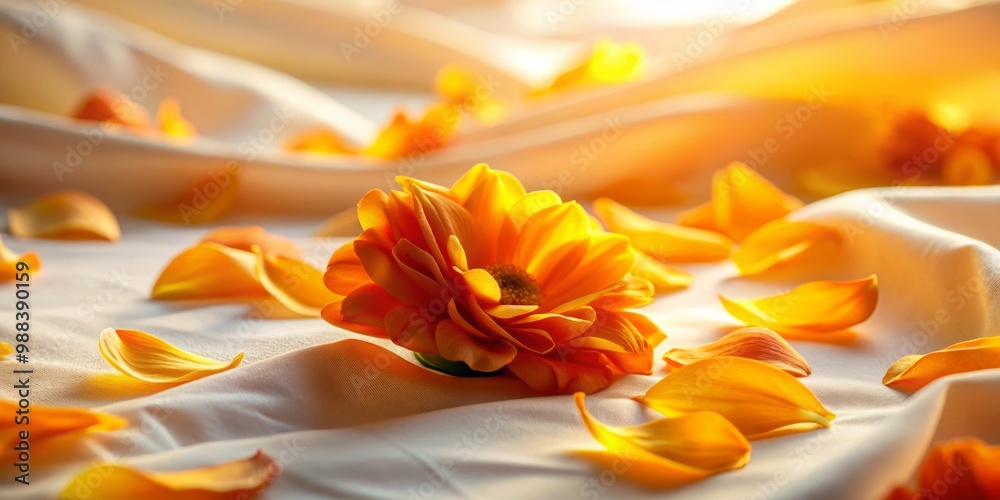 Obraz premium Vibrant orange and yellow petals unfold delicately on a white sheet under a soft warm glow evoking feelings of peacefulness.