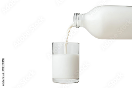 Glass poured with milk from a bottle, isolated on white background. Concept of dairy freshness and nutrition