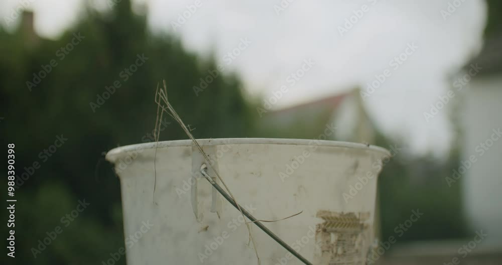 Handheld shot of a female shoveling dirt into a white bucket. Cleaning the terrace. Shallow depth of field. Handheld shot of a female shoveling dirt into a white bucket. Cleaning the terrace. Shallow depth of field.