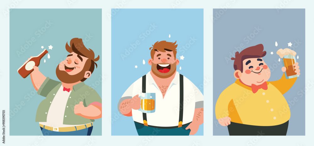 celebration concept. set of happy chubby - fat man cartoon character vector, holding beer. birthday card, invitation card, sale - promotion poster banner celebration concept. set of happy chubby - fat man cartoon character vector, holding beer. birthday card, invitation card, sale - promotion poster banner