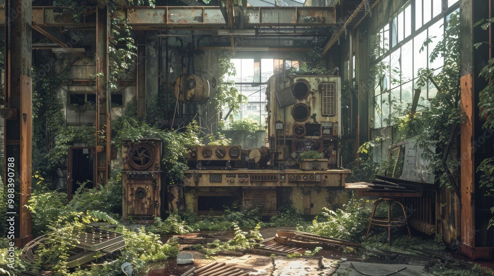 An abandoned factory building, overgrown with vegetation, featuring remnants of metal machinery and decaying 3D printed objects An abandoned factory building, overgrown with vegetation, featuring remnants of metal machinery and decaying 3D printed objects