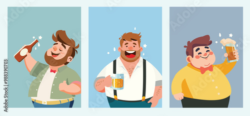 celebration concept. set of happy chubby - fat man cartoon character vector, holding beer. birthday card, invitation card, sale - promotion poster banner 
