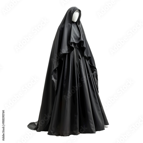 Elegant black abaya dress and hijab on a mannequin, showcasing modest fashion