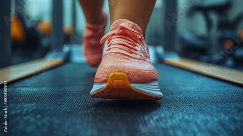 low section of overweight woman with headphones exercising on treadmill in gym