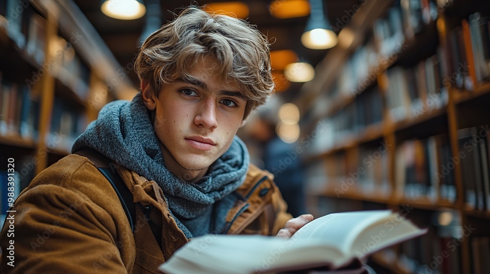 Obraz premium male student in library looking for books preparing for final exam