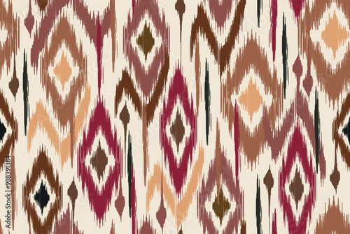 Seamless ikat pattern with geometric ethnic motifs in earth tones. Abstract tribal background for wallpaper, textiles, traditional bohemian design for greeting cards and fashion.