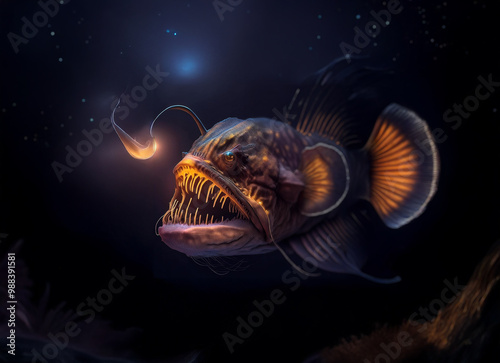 A close-up of a large, deep-sea fish with a bioluminescent lure and sharp teeth. photo