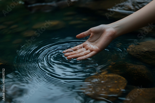 Hand touching water, nature connection, water Hand gently touching calm water creating ripples, symbolizing nature connection, mindfulness, serenity, tranquility, and peaceful meditation in a soothing