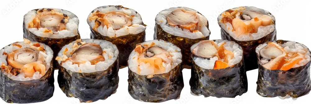 Various Maki Sushi Set Isolated on White Background Top View. Baked Norimaki Rolls Various Maki Sushi Set Isolated on White Background Top View. Baked Norimaki Rolls