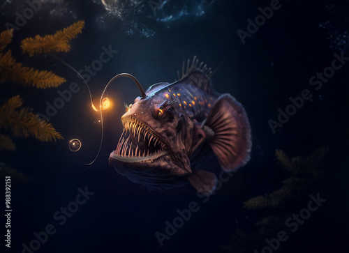 A large, dark fish with a gaping mouth, sharp teeth, and a glowing lure.