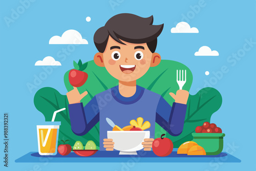 A cheerful young boy is seated at a table filled with a variety of fruits and vegetables, happily holding an apple and a fork, celebrating healthy eating.