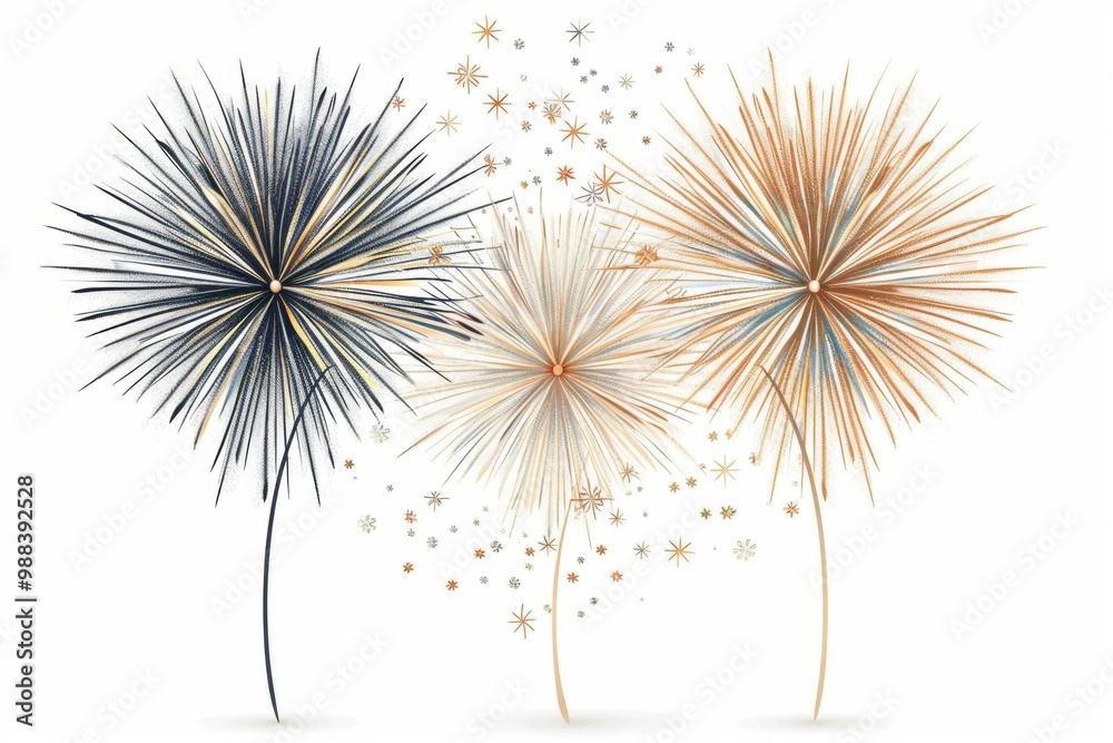 Three fireworks are lit up in the sky, with one in the middle Three fireworks are lit up in the sky, with one in the middle