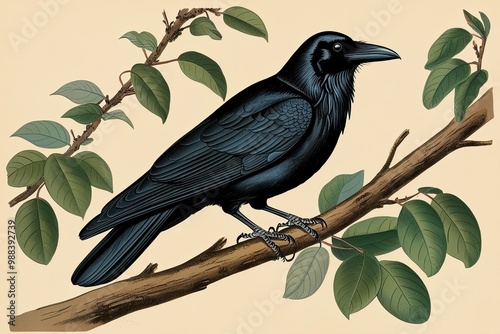 Rustic Crow on Branch Vintage Bird Illustration Showcasing Nature Art photo