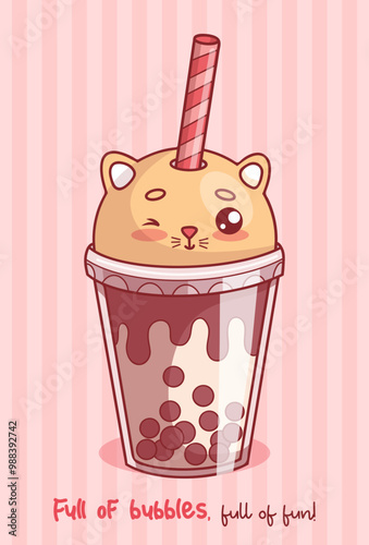 Cute cat drink. Funny glass of Bubble Tea with straw. Cartoon kawaii character. Vector illustration. Kids collection