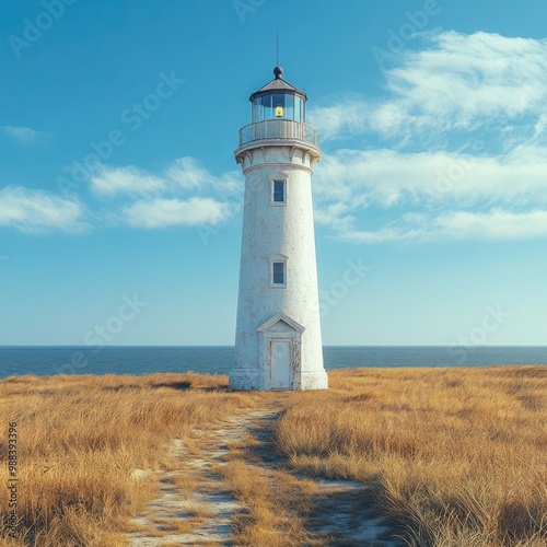 white lighthouse on the serene coast of Cape Cod, Massachusetts. This iconic beacon overlooks tranquil New England waters. coastal charm of a summer day