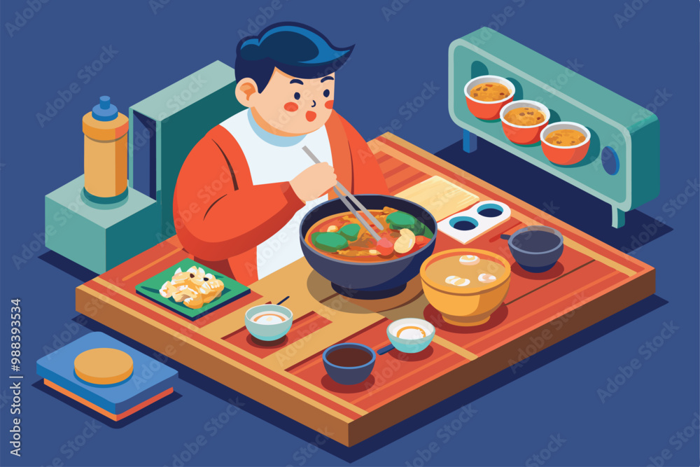 A person enthusiastically enjoys a bowl of Korean food, using chopsticks to savor rich flavors on a wooden table surrounded by various dishes. A person enthusiastically enjoys a bowl of Korean food, using chopsticks to savor rich flavors on a wooden table surrounded by various dishes.