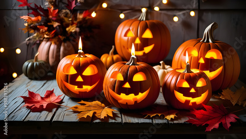 Rustic Charm Meets Spooky Halloween Pumpkins. Glowing Faces of Halloween on a Wooden Table photo