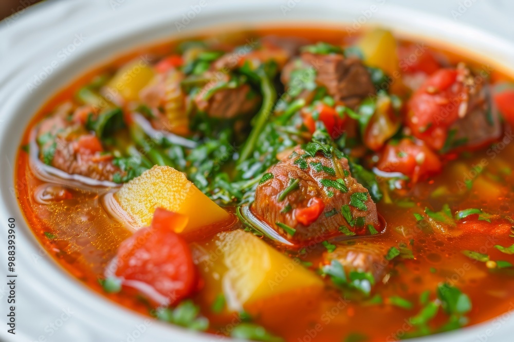 Red Tomato Soup with Beef, Greens and Vegetables, Rich Hot Veal Meat Broth with Tomatoes, Potatoes
