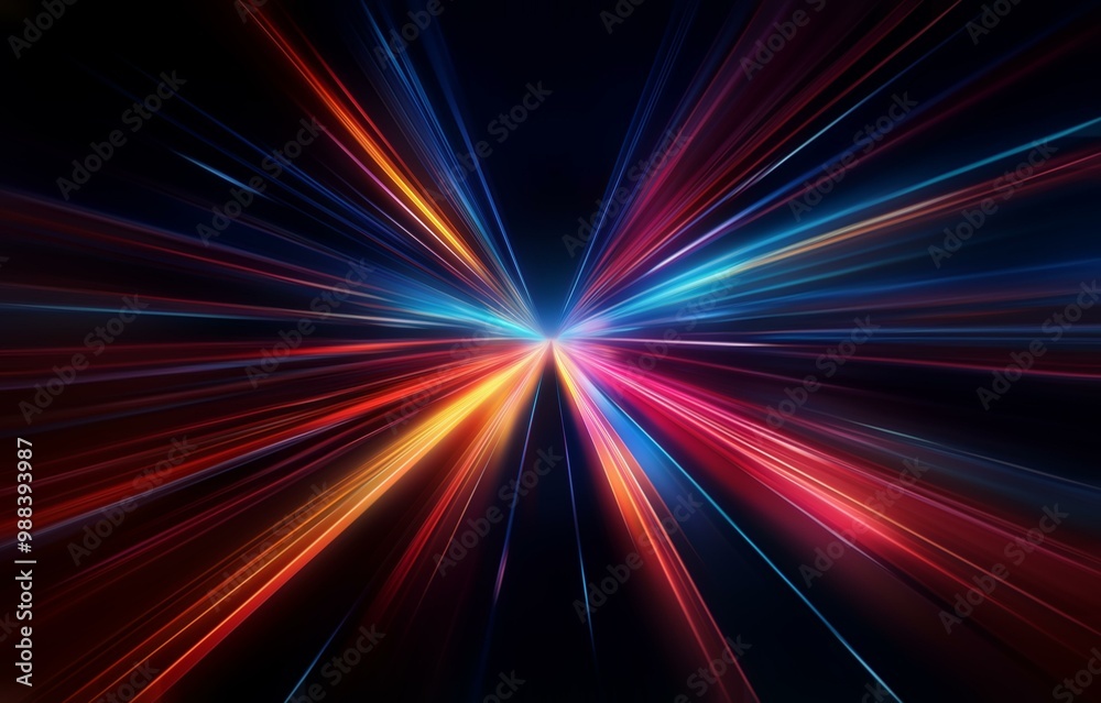 Abstract image of colorful light streaks radiating outwards on a black background. Abstract image of colorful light streaks radiating outwards on a black background.